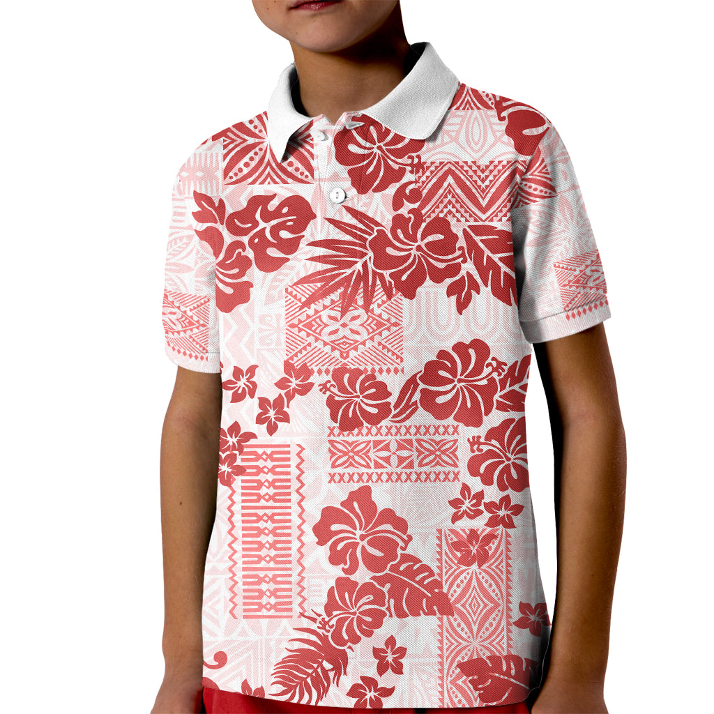 Vintage Hawaii Kid Polo Shirt Hibiscus Tapa Tribal With Hawaiian Quilt Pattern Red - Wonder Print Shop