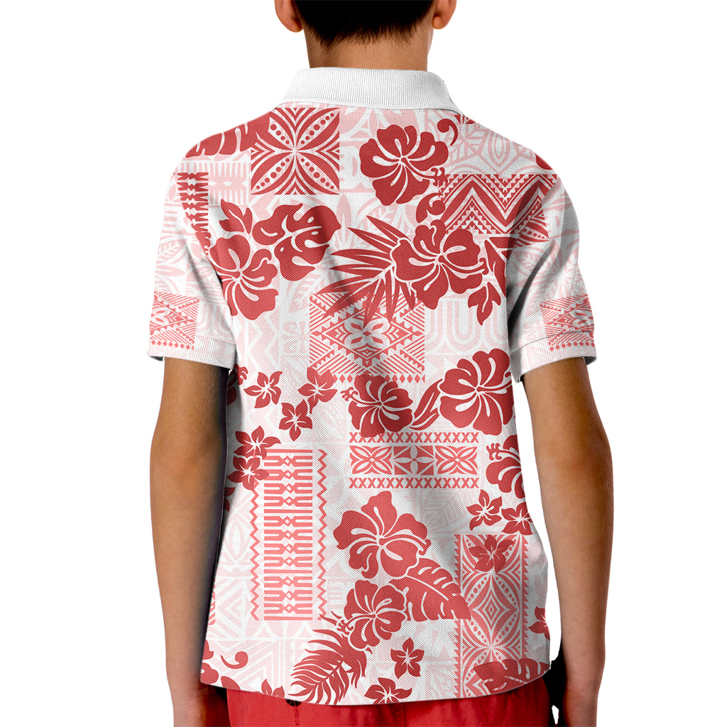 Vintage Hawaii Kid Polo Shirt Hibiscus Tapa Tribal With Hawaiian Quilt Pattern Red - Wonder Print Shop