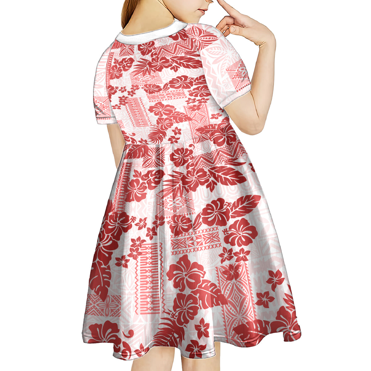 Vintage Hawaii Kid Short Sleeve Dress Hibiscus Tapa Tribal With Hawaiian Quilt Pattern Red - Wonder Print Shop