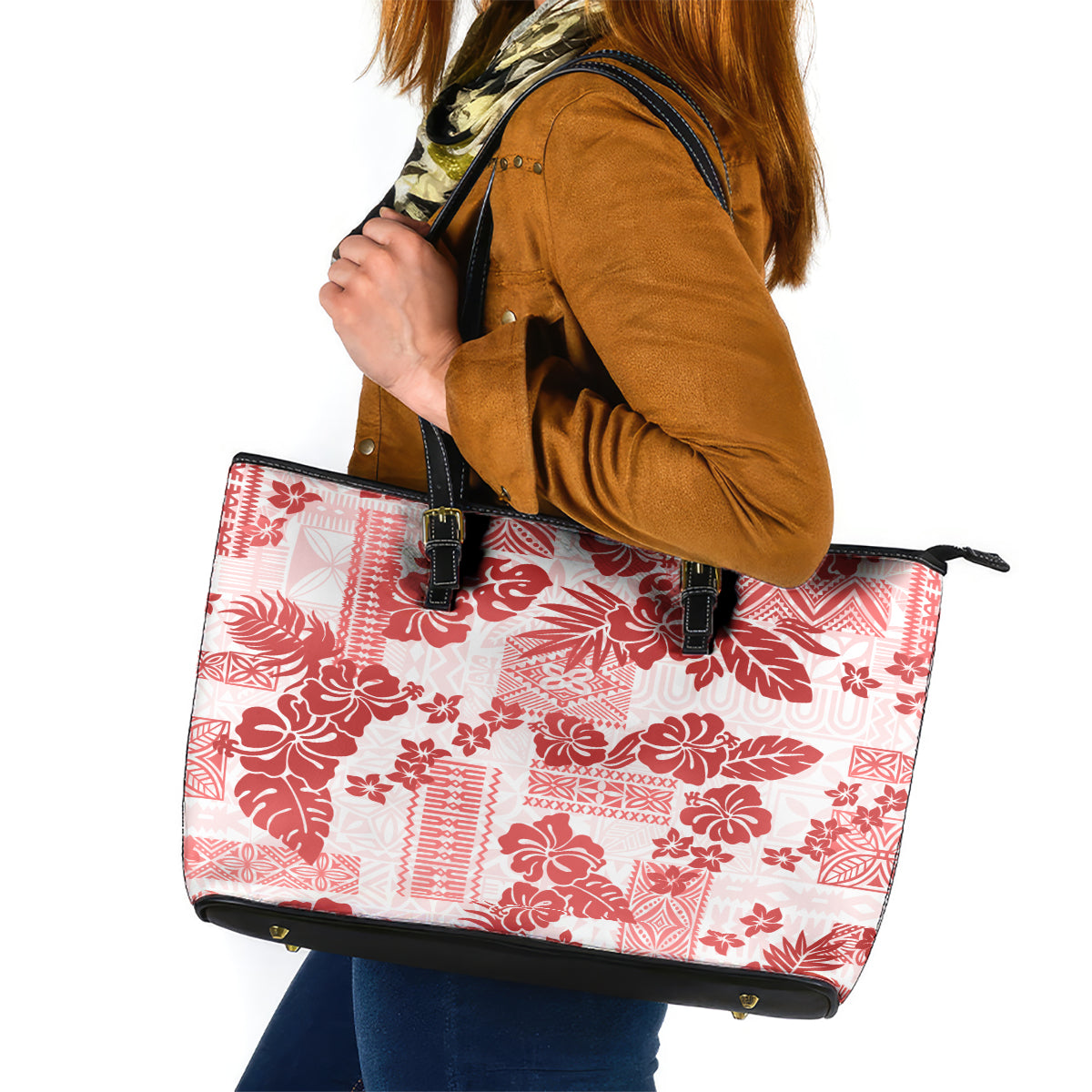 Vintage Hawaii Leather Tote Bag Hibiscus Tapa Tribal With Hawaiian Quilt Pattern Red - Wonder Print Shop