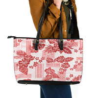 Vintage Hawaii Leather Tote Bag Hibiscus Tapa Tribal With Hawaiian Quilt Pattern Red - Wonder Print Shop