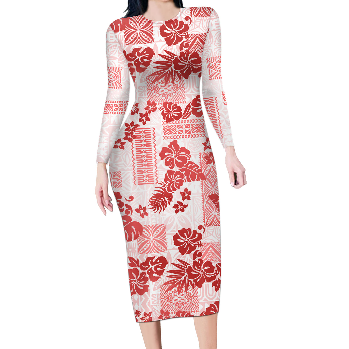 Vintage Hawaii Long Sleeve Bodycon Dress Hibiscus Tapa Tribal With Hawaiian Quilt Pattern Red - Wonder Print Shop