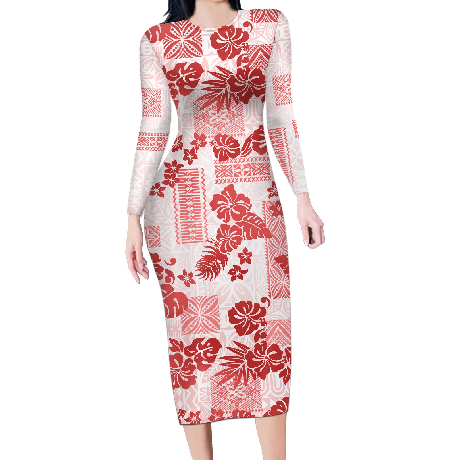 Vintage Hawaii Long Sleeve Bodycon Dress Hibiscus Tapa Tribal With Hawaiian Quilt Pattern Red - Wonder Print Shop