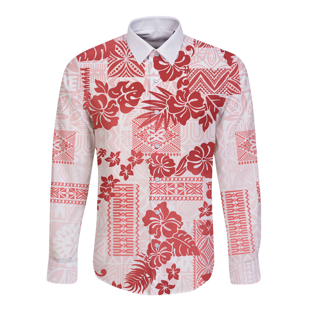 Vintage Hawaii Long Sleeve Button Shirt Hibiscus Tapa Tribal With Hawaiian Quilt Pattern Red - Wonder Print Shop
