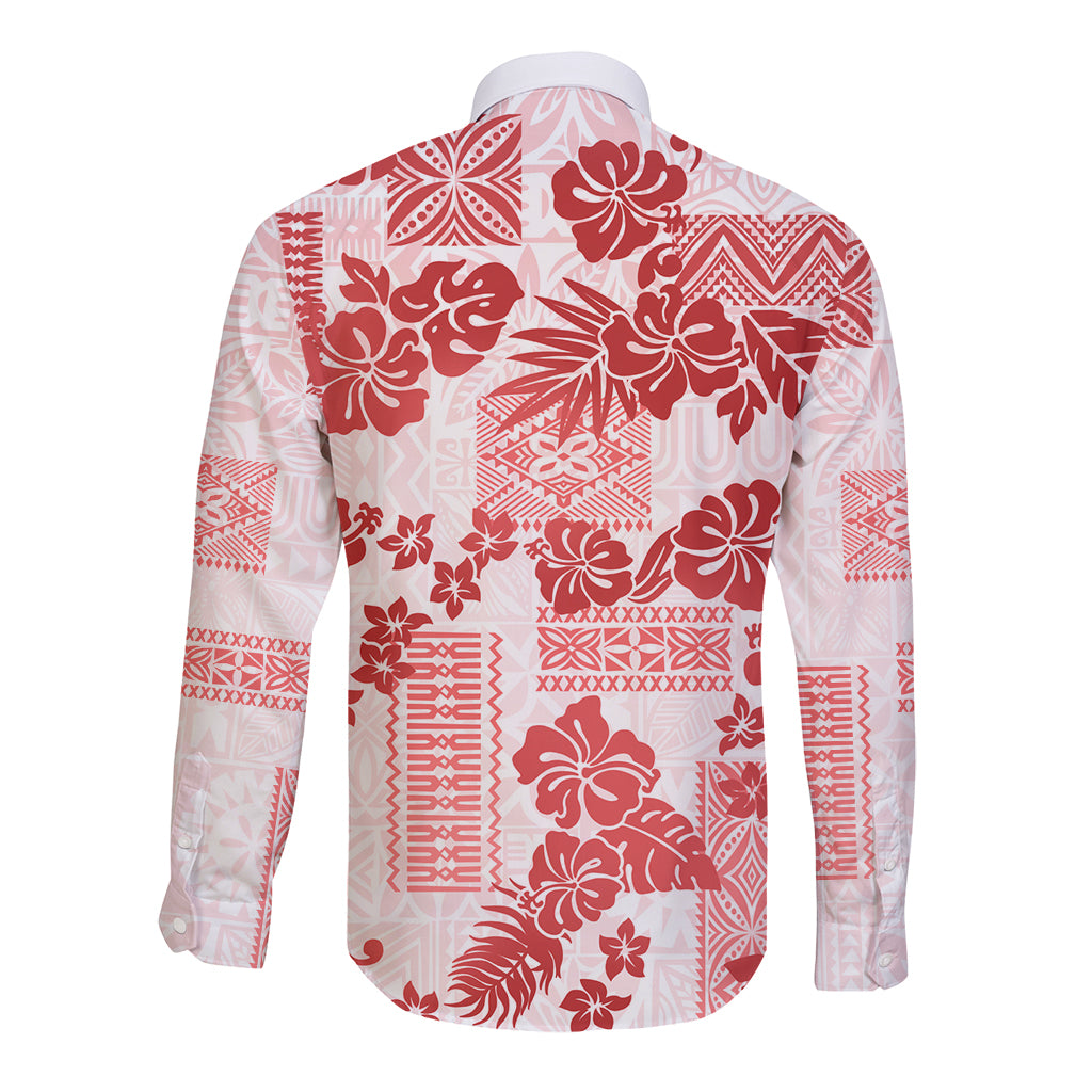 Vintage Hawaii Long Sleeve Button Shirt Hibiscus Tapa Tribal With Hawaiian Quilt Pattern Red - Wonder Print Shop