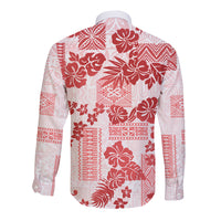 Vintage Hawaii Long Sleeve Button Shirt Hibiscus Tapa Tribal With Hawaiian Quilt Pattern Red - Wonder Print Shop