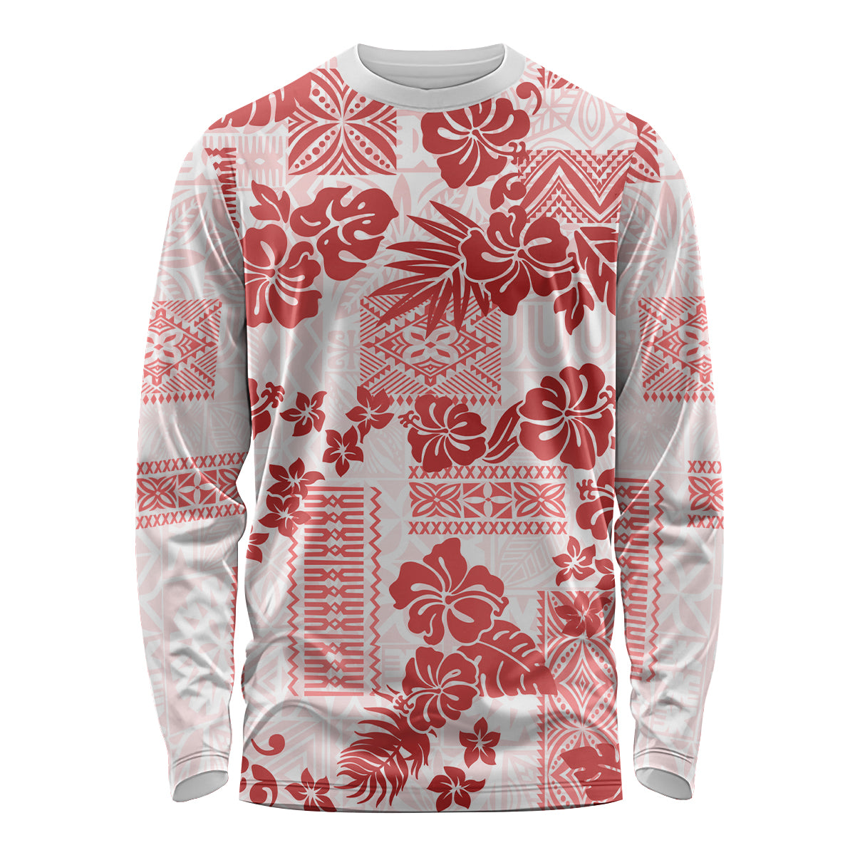 Vintage Hawaii Long Sleeve Shirt Hibiscus Tapa Tribal With Hawaiian Quilt Pattern Red - Wonder Print Shop
