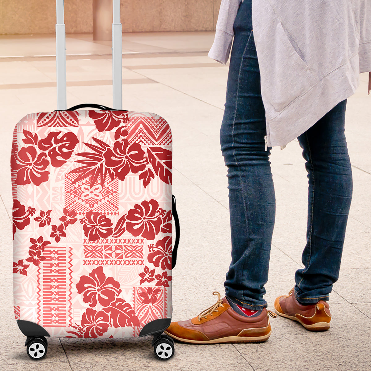 Vintage Hawaii Luggage Cover Hibiscus Tapa Tribal With Hawaiian Quilt Pattern Red - Wonder Print Shop