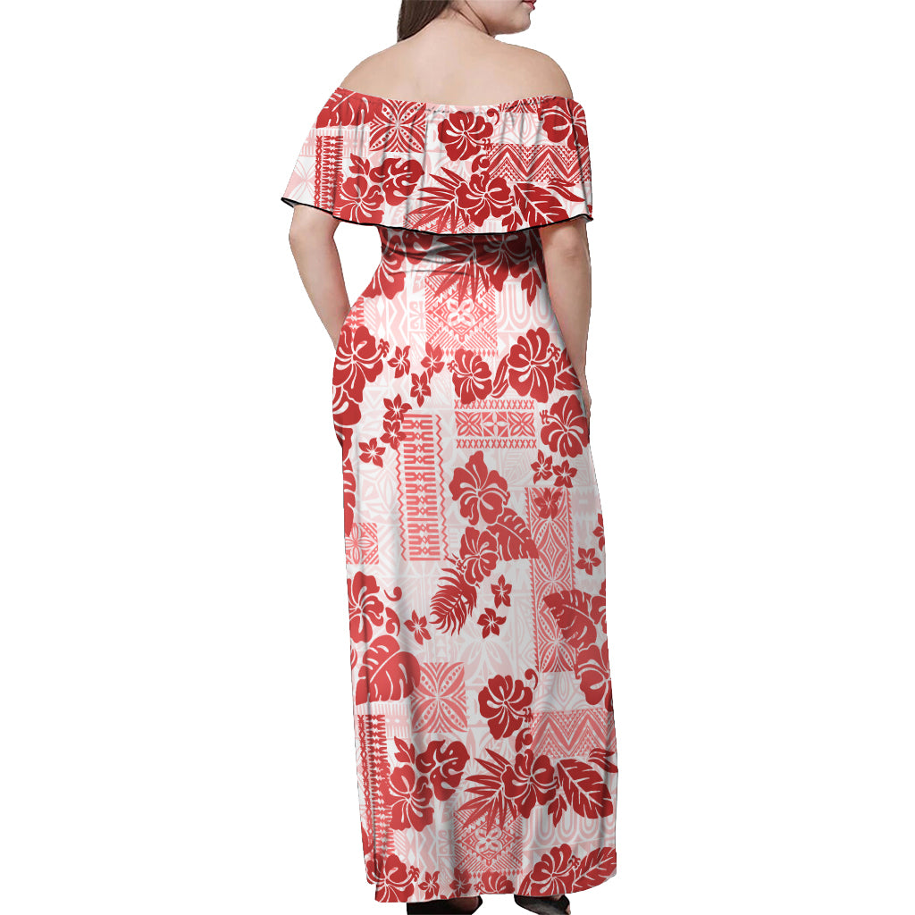 Vintage Hawaii Off Shoulder Maxi Dress Hibiscus Tapa Tribal With Hawaiian Quilt Pattern Red - Wonder Print Shop