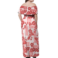 Vintage Hawaii Off Shoulder Maxi Dress Hibiscus Tapa Tribal With Hawaiian Quilt Pattern Red - Wonder Print Shop