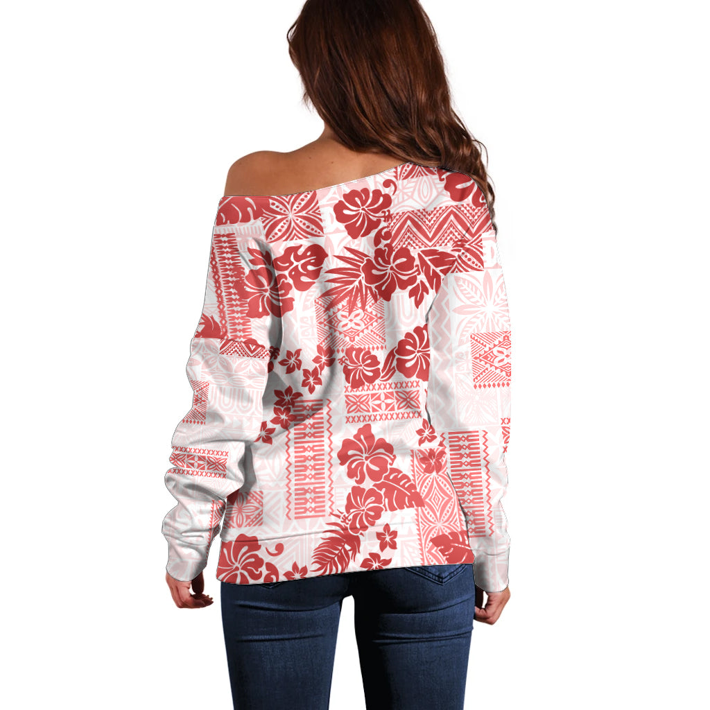 Vintage Hawaii Off Shoulder Sweater Hibiscus Tapa Tribal With Hawaiian Quilt Pattern Red - Wonder Print Shop