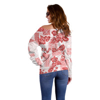 Vintage Hawaii Off Shoulder Sweater Hibiscus Tapa Tribal With Hawaiian Quilt Pattern Red - Wonder Print Shop