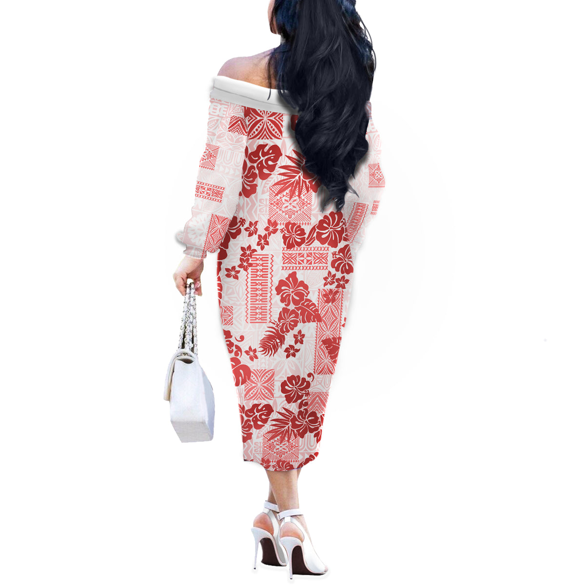 Vintage Hawaii Off The Shoulder Long Sleeve Dress Hibiscus Tapa Tribal With Hawaiian Quilt Pattern Red - Wonder Print Shop