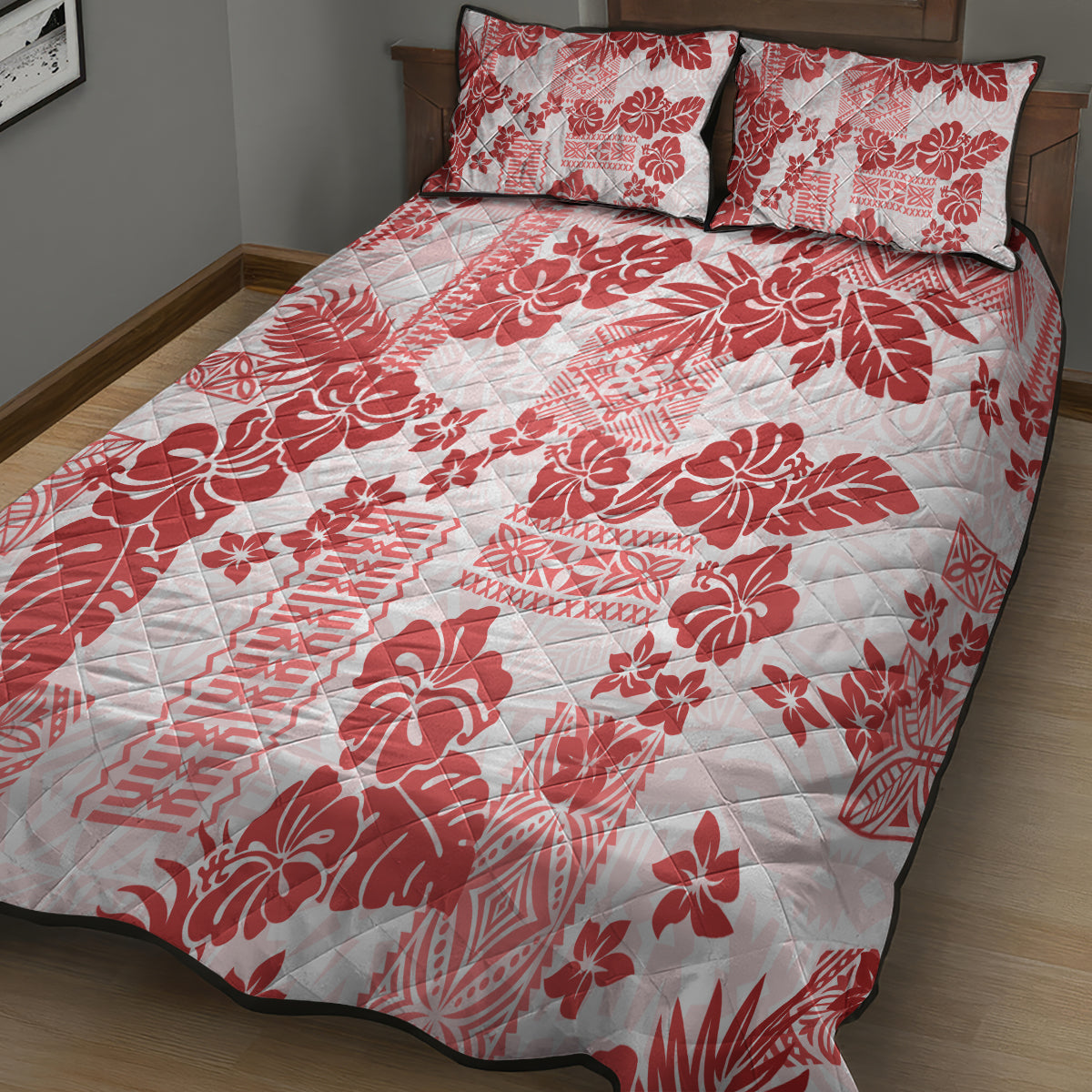 Vintage Hawaii Quilt Bed Set Hibiscus Tapa Tribal With Hawaiian Quilt Pattern Red - Wonder Print Shop
