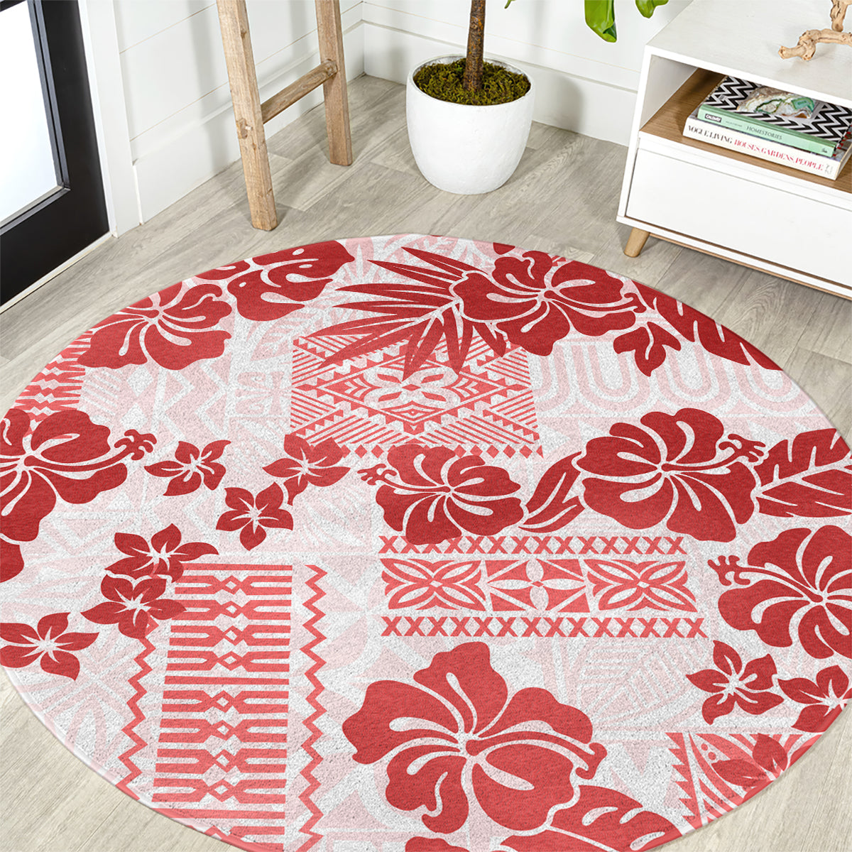 vintage-hawaii-round-carpet-hibiscus-tapa-tribal-with-hawaiian-quilt-pattern-red