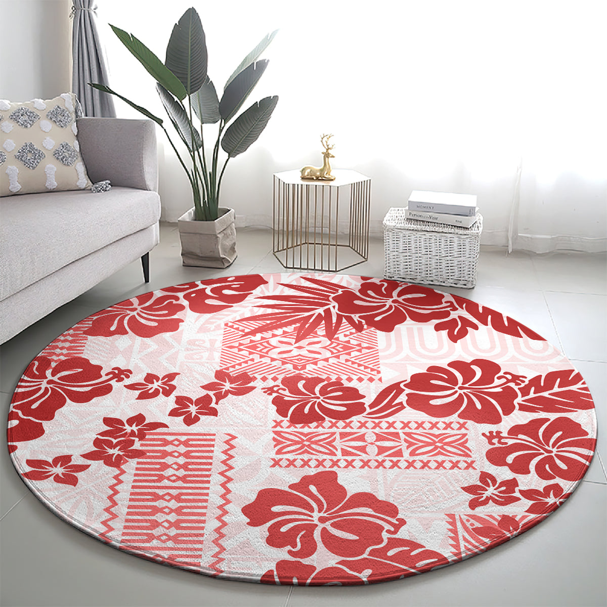 vintage-hawaii-round-carpet-hibiscus-tapa-tribal-with-hawaiian-quilt-pattern-red