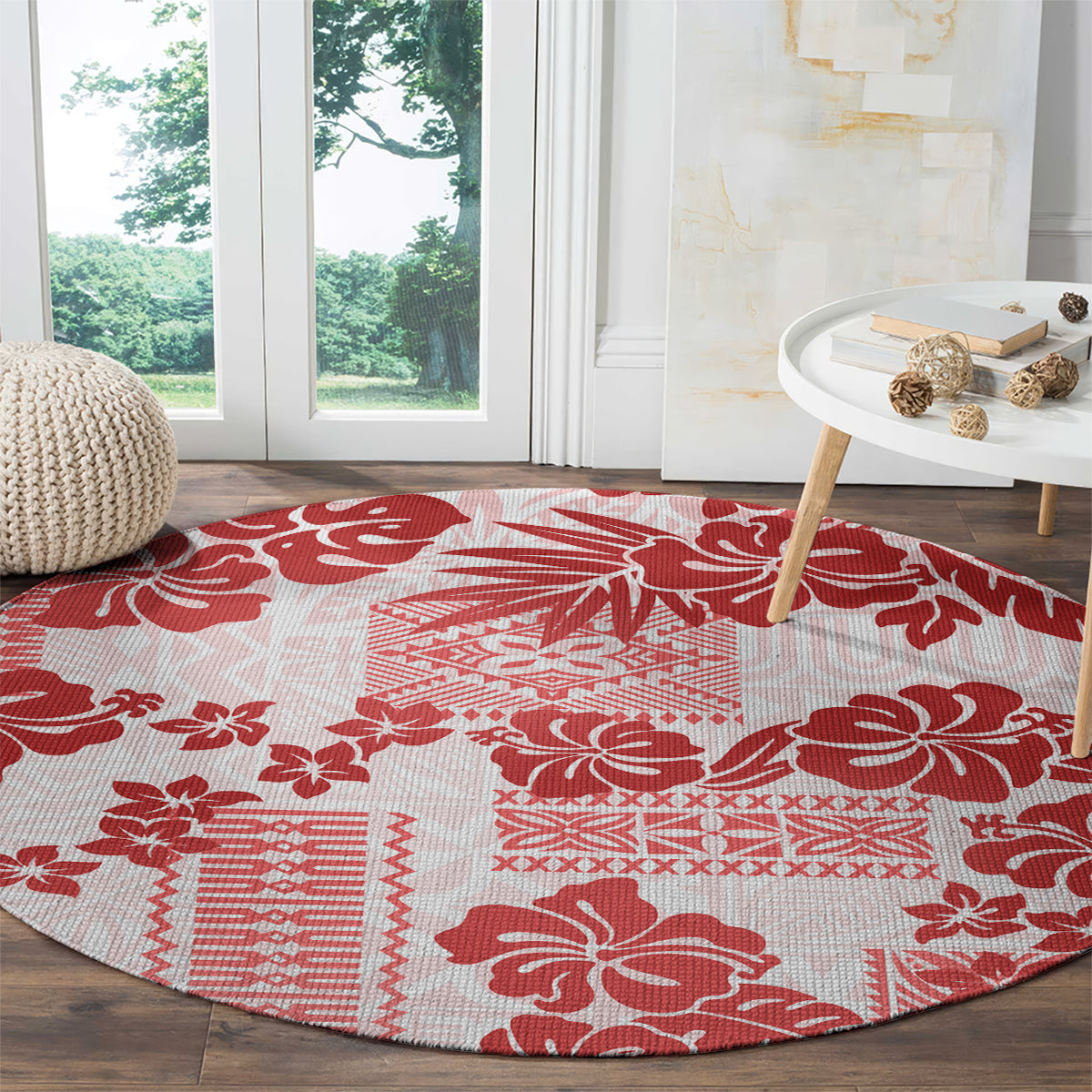 vintage-hawaii-round-carpet-hibiscus-tapa-tribal-with-hawaiian-quilt-pattern-red
