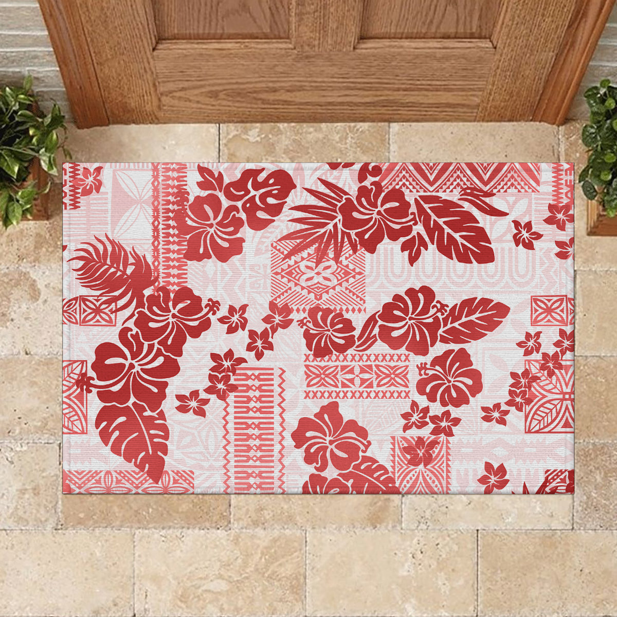 Vintage Hawaii Rubber Doormat Hibiscus Tapa Tribal With Hawaiian Quilt Pattern Red - Wonder Print Shop