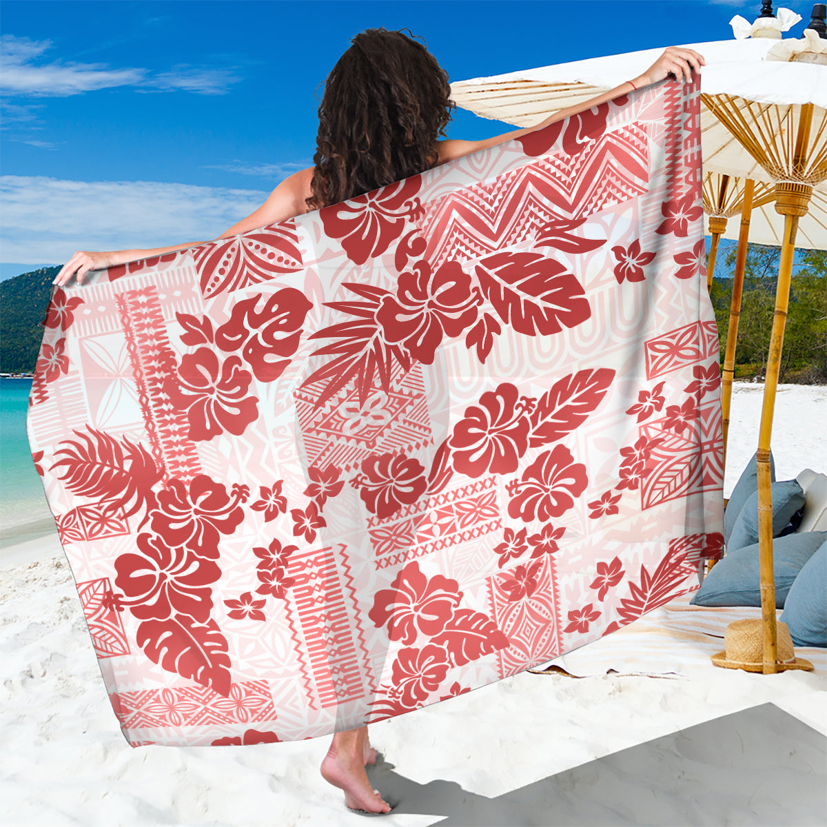 Vintage Hawaii Sarong Hibiscus Tapa Tribal With Hawaiian Quilt Pattern Red - Wonder Print Shop