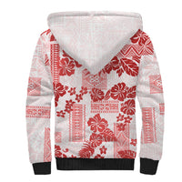 Vintage Hawaii Sherpa Hoodie Hibiscus Tapa Tribal With Hawaiian Quilt Pattern Red - Wonder Print Shop