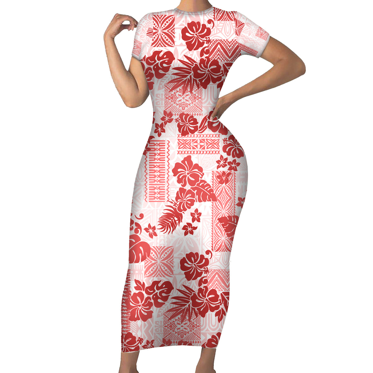 Vintage Hawaii Short Sleeve Bodycon Dress Hibiscus Tapa Tribal With Hawaiian Quilt Pattern Red - Wonder Print Shop