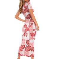 Vintage Hawaii Short Sleeve Bodycon Dress Hibiscus Tapa Tribal With Hawaiian Quilt Pattern Red - Wonder Print Shop