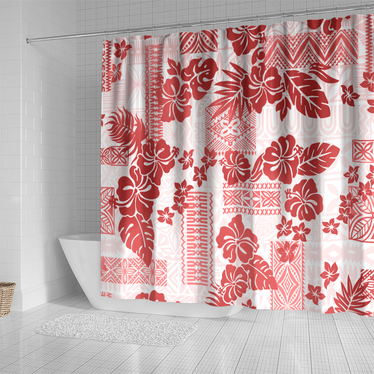 vintage-hawaii-shower-curtain-hibiscus-tapa-tribal-with-hawaiian-quilt-pattern-red
