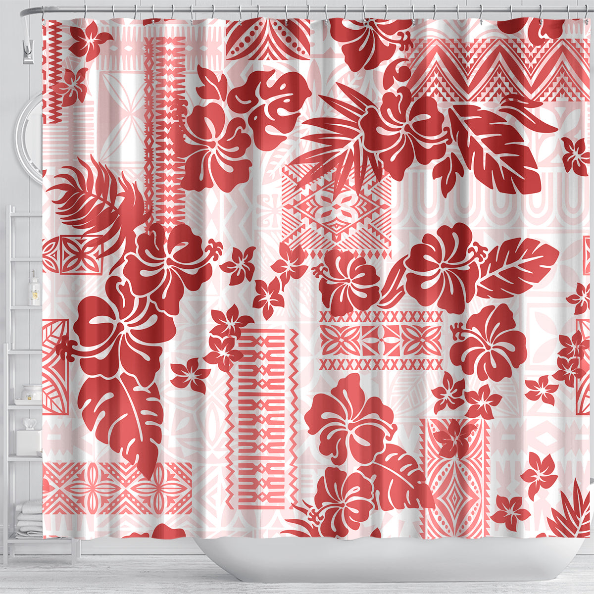 vintage-hawaii-shower-curtain-hibiscus-tapa-tribal-with-hawaiian-quilt-pattern-red