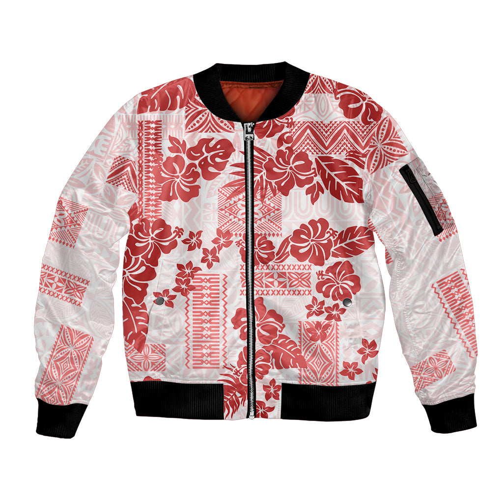 Vintage Hawaii Sleeve Zip Bomber Jacket Hibiscus Tapa Tribal With Hawaiian Quilt Pattern Red - Wonder Print Shop