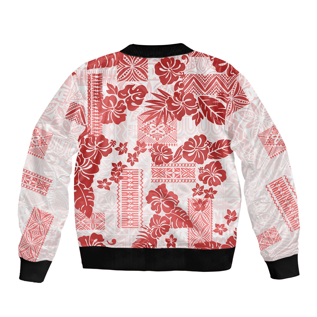 Vintage Hawaii Sleeve Zip Bomber Jacket Hibiscus Tapa Tribal With Hawaiian Quilt Pattern Red - Wonder Print Shop