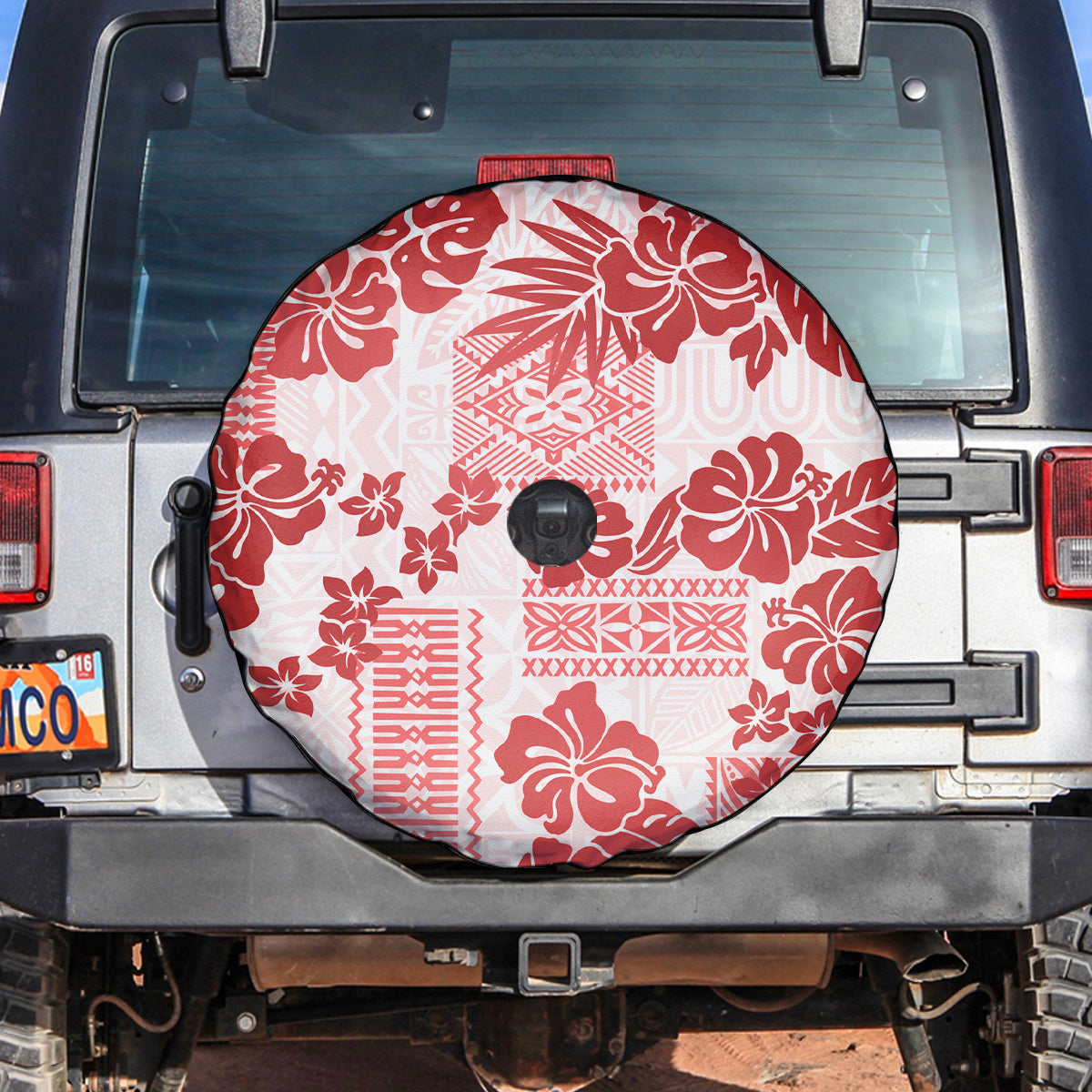 Vintage Hawaii Spare Tire Cover Hibiscus Tapa Tribal With Hawaiian Quilt Pattern Red - Wonder Print Shop
