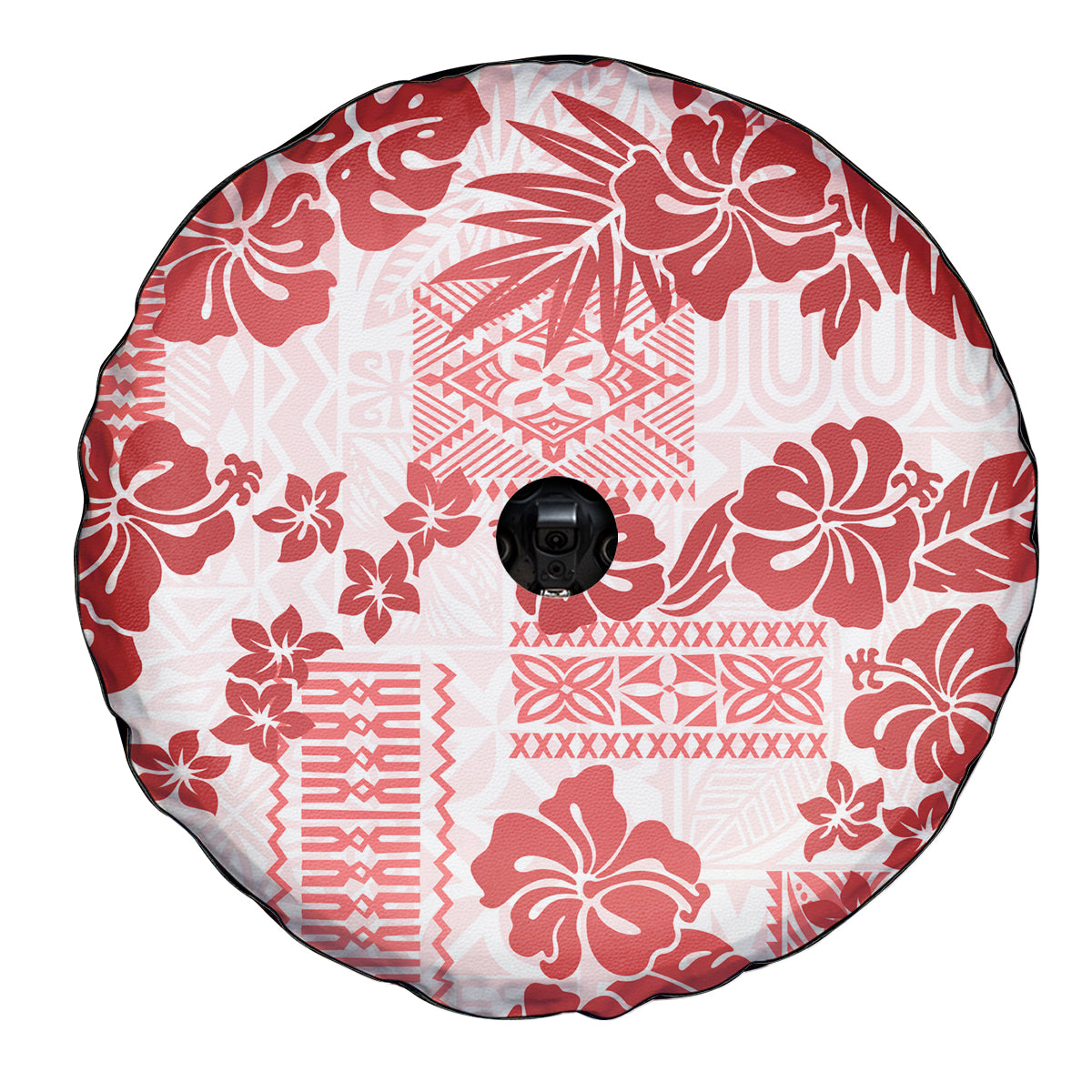 Vintage Hawaii Spare Tire Cover Hibiscus Tapa Tribal With Hawaiian Quilt Pattern Red - Wonder Print Shop