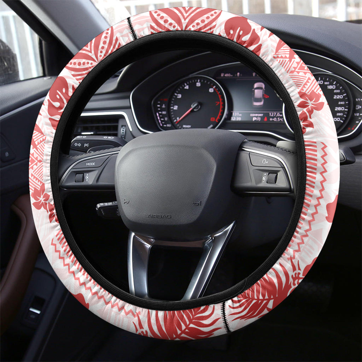 Vintage Hawaii Steering Wheel Cover Hibiscus Tapa Tribal With Hawaiian Quilt Pattern Red - Wonder Print Shop