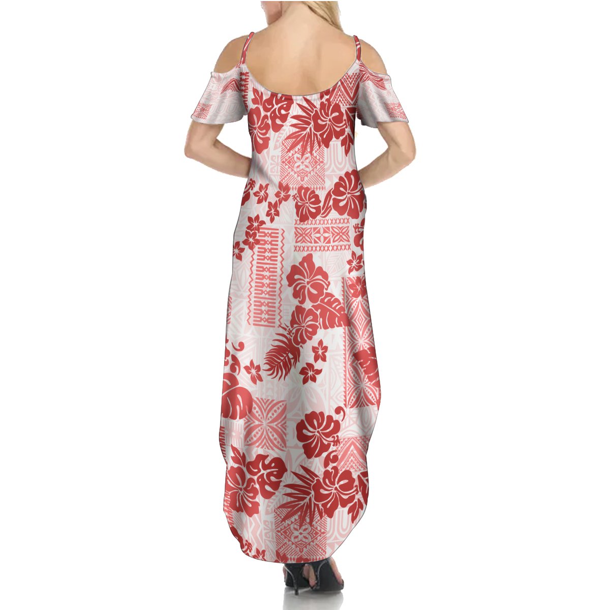 Vintage Hawaii Summer Maxi Dress Hibiscus Tapa Tribal With Hawaiian Quilt Pattern Red - Wonder Print Shop