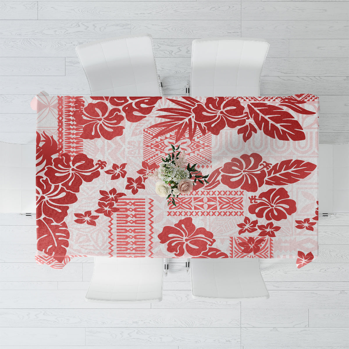 Vintage Hawaii Tablecloth Hibiscus Tapa Tribal With Hawaiian Quilt Pattern Red - Wonder Print Shop