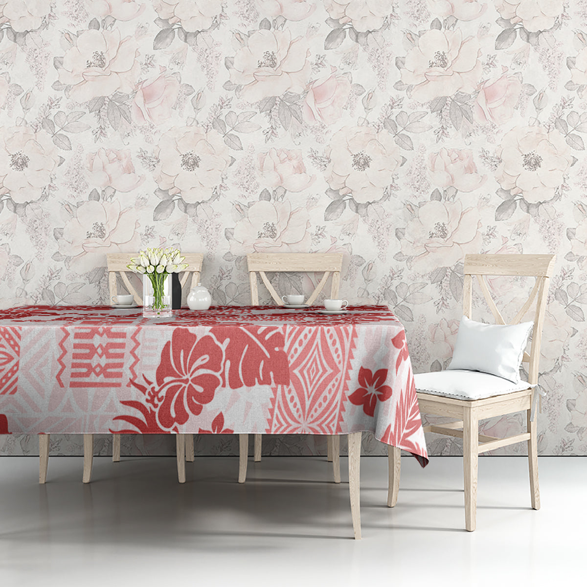 Vintage Hawaii Tablecloth Hibiscus Tapa Tribal With Hawaiian Quilt Pattern Red - Wonder Print Shop