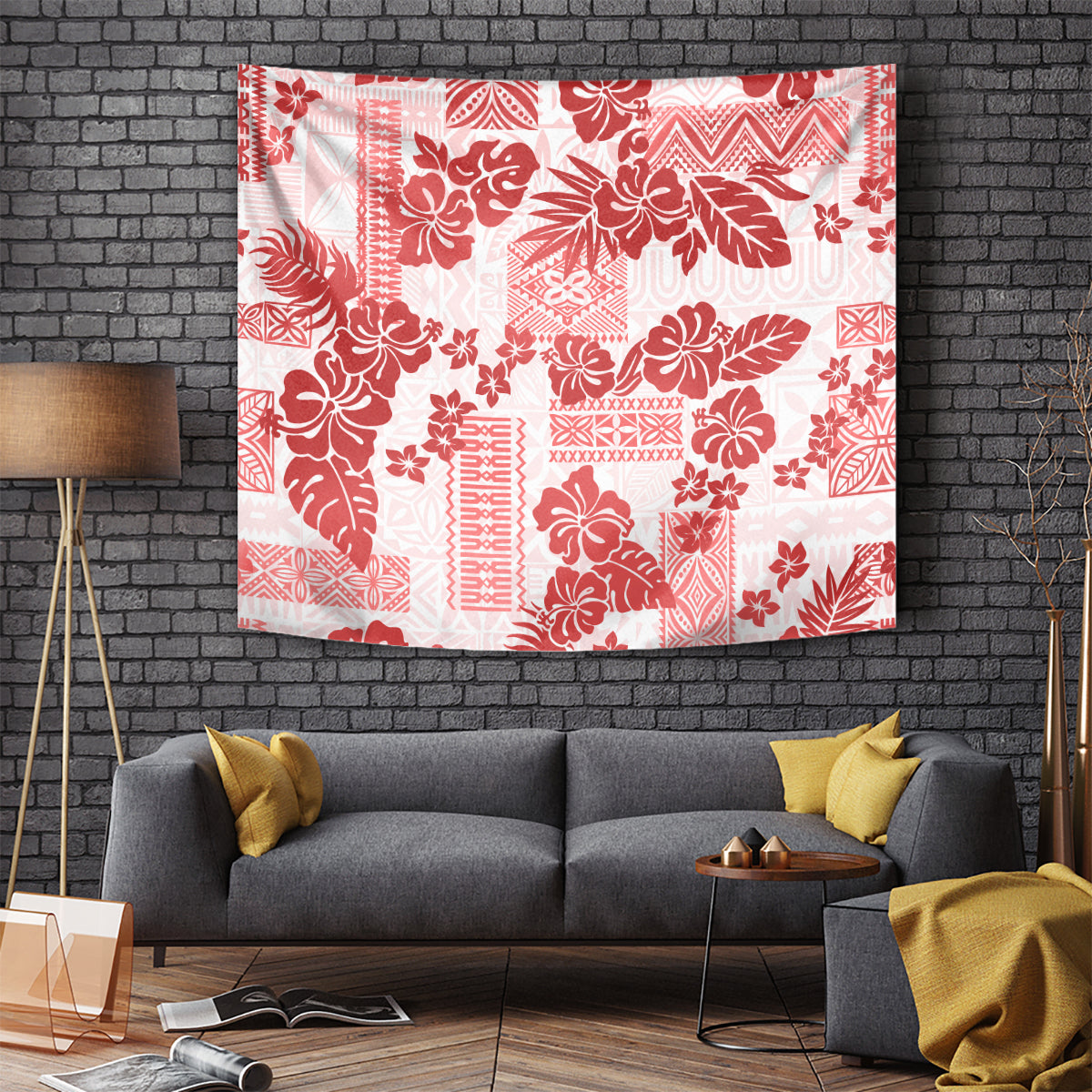 Vintage Hawaii Tapestry Hibiscus Tapa Tribal With Hawaiian Quilt Pattern Red - Wonder Print Shop