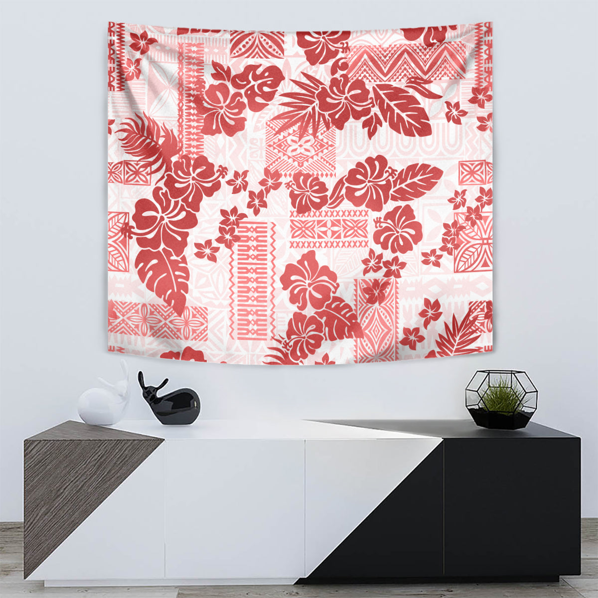 Vintage Hawaii Tapestry Hibiscus Tapa Tribal With Hawaiian Quilt Pattern Red - Wonder Print Shop