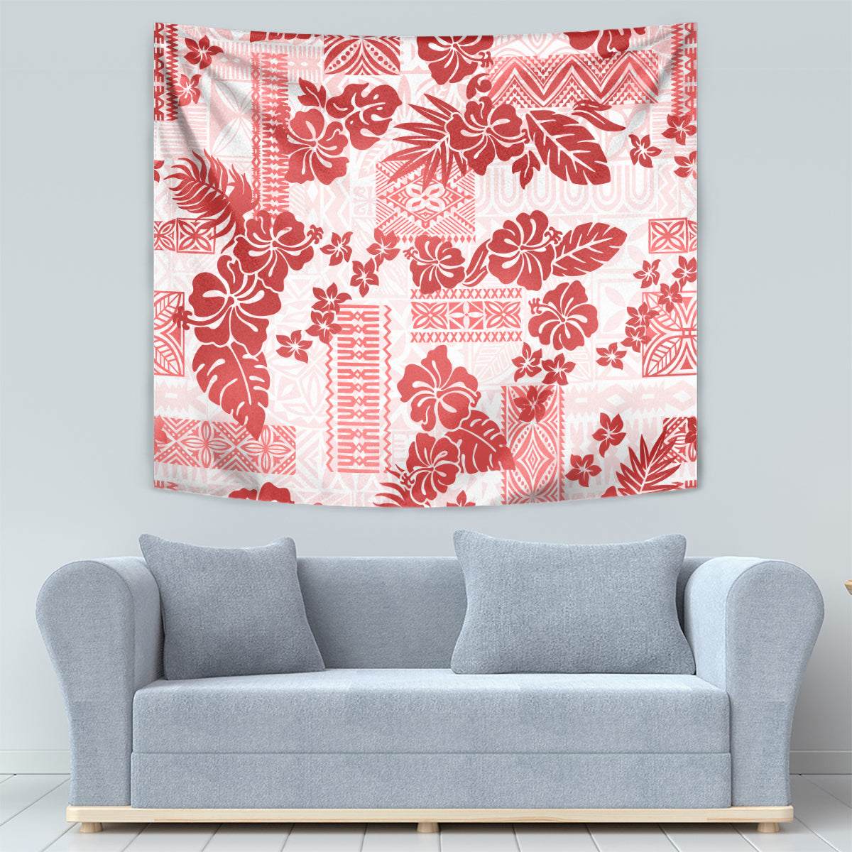 Vintage Hawaii Tapestry Hibiscus Tapa Tribal With Hawaiian Quilt Pattern Red - Wonder Print Shop