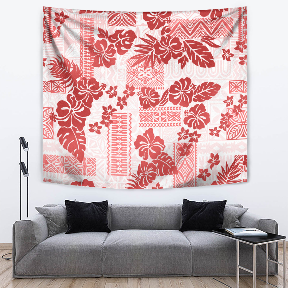 Vintage Hawaii Tapestry Hibiscus Tapa Tribal With Hawaiian Quilt Pattern Red - Wonder Print Shop