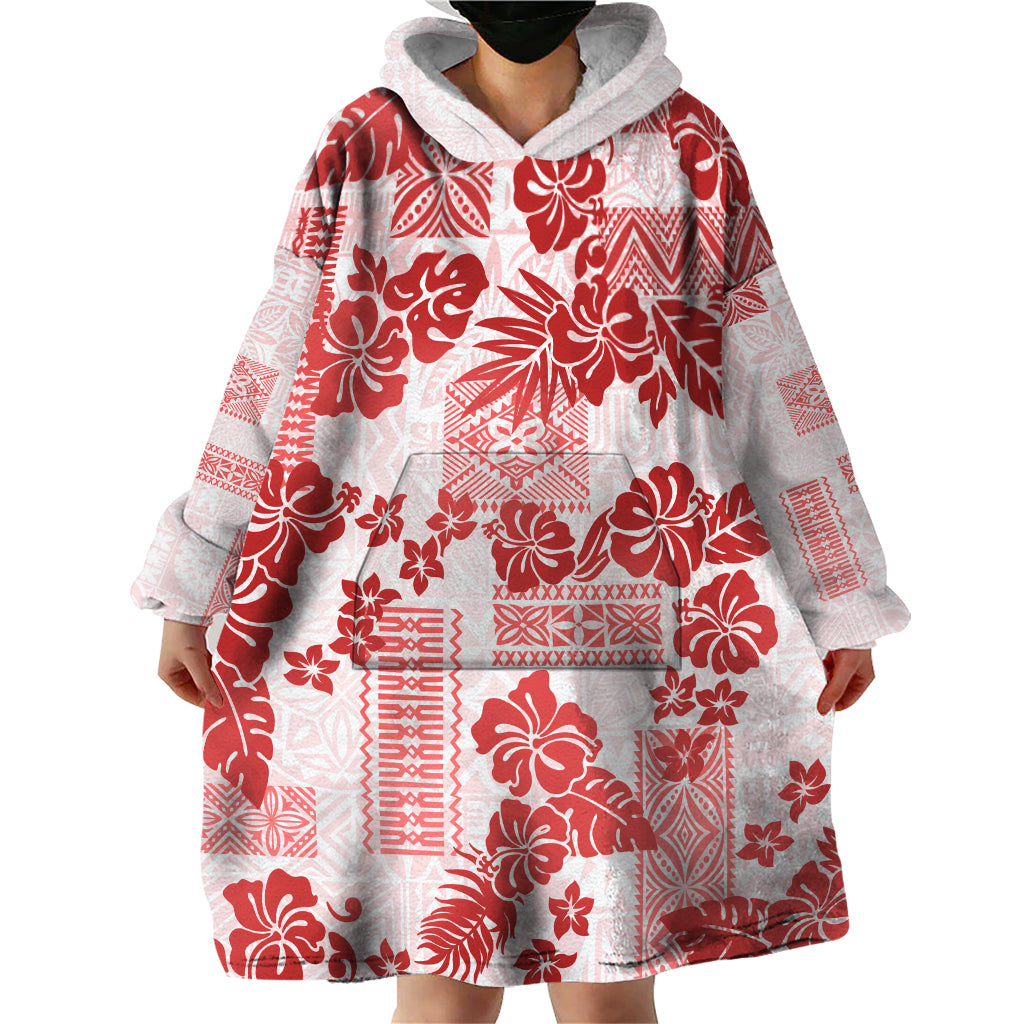 Vintage Hawaii Wearable Blanket Hoodie Hibiscus Tapa Tribal With Hawaiian Quilt Pattern Red - Wonder Print Shop