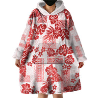 Vintage Hawaii Wearable Blanket Hoodie Hibiscus Tapa Tribal With Hawaiian Quilt Pattern Red - Wonder Print Shop