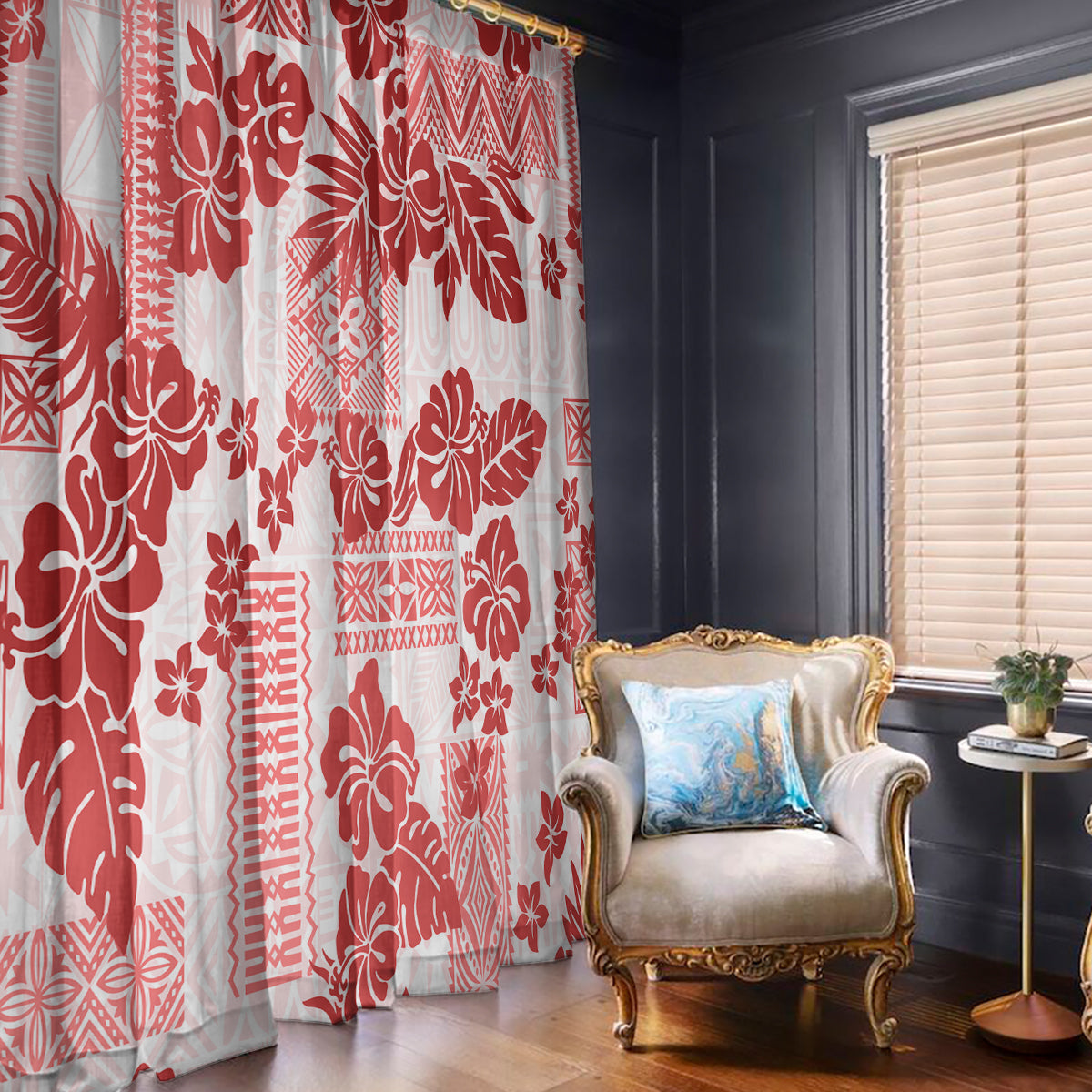 Vintage Hawaii Window Curtain Hibiscus Tapa Tribal With Hawaiian Quilt Pattern Red - Wonder Print Shop