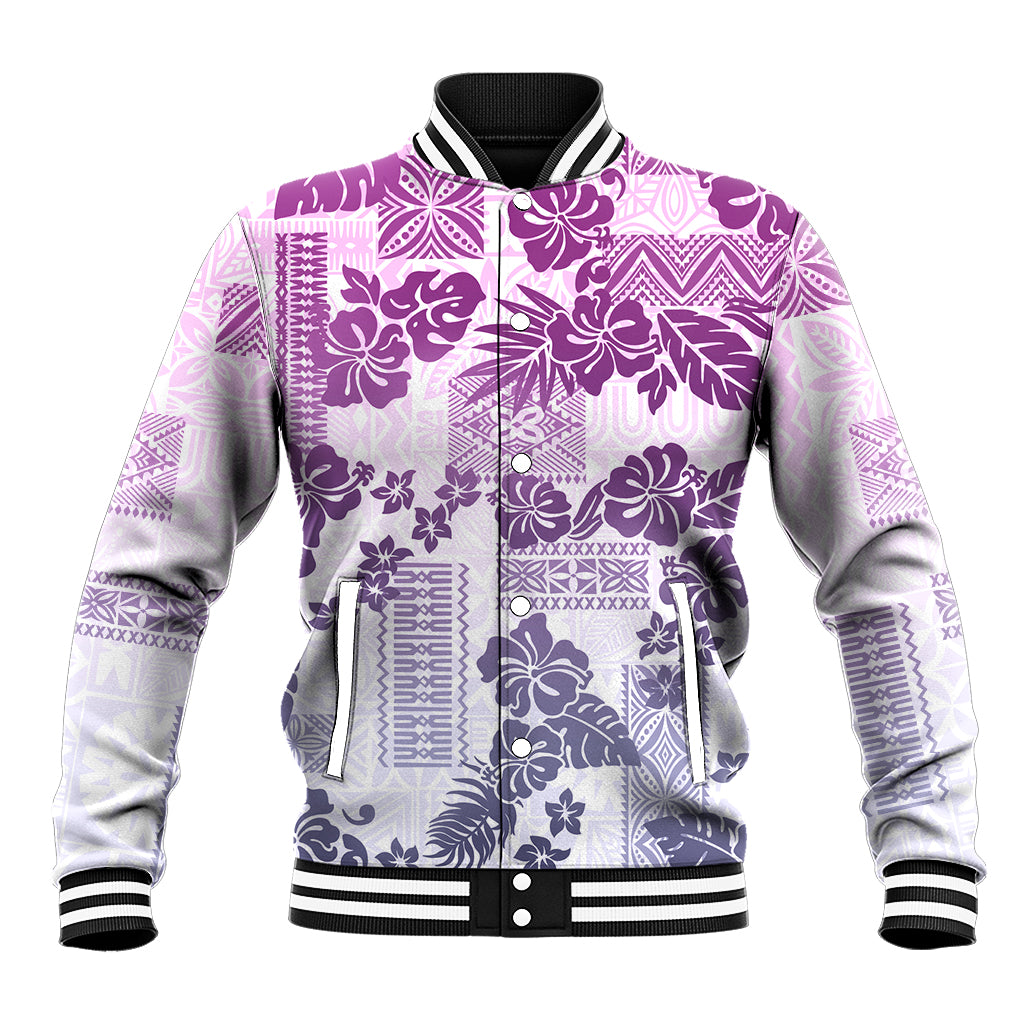 Vintage Hawaii Baseball Jacket Hibiscus Tapa Tribal With Hawaiian Quilt Pattern Violet LT9 - Wonder Print Shop