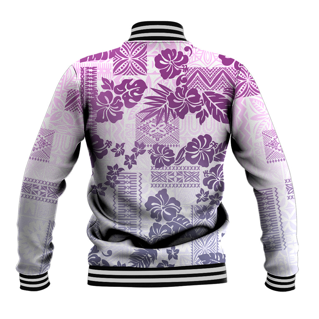 Vintage Hawaii Baseball Jacket Hibiscus Tapa Tribal With Hawaiian Quilt Pattern Violet LT9 - Wonder Print Shop