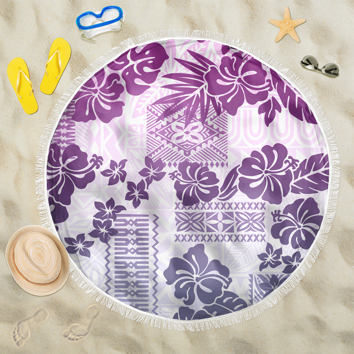 Vintage Hawaii Beach Blanket Hibiscus Tapa Tribal With Hawaiian Quilt Pattern Violet LT9 - Wonder Print Shop