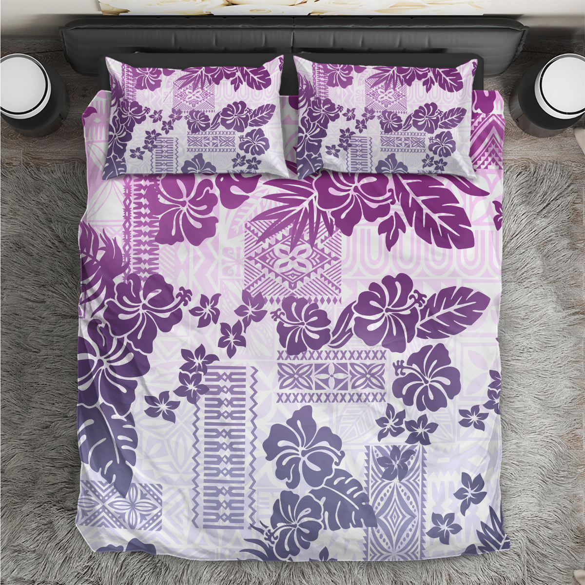 Vintage Hawaii Bedding Set Hibiscus Tapa Tribal With Hawaiian Quilt Pattern Violet LT9 - Wonder Print Shop