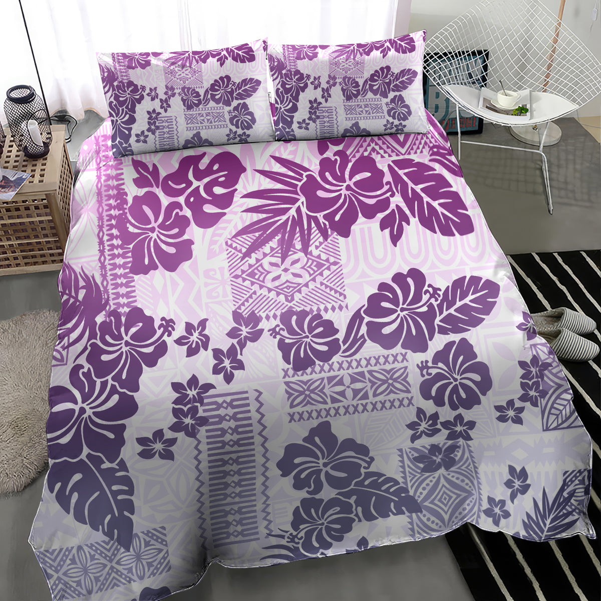 Vintage Hawaii Bedding Set Hibiscus Tapa Tribal With Hawaiian Quilt Pattern Violet LT9 - Wonder Print Shop