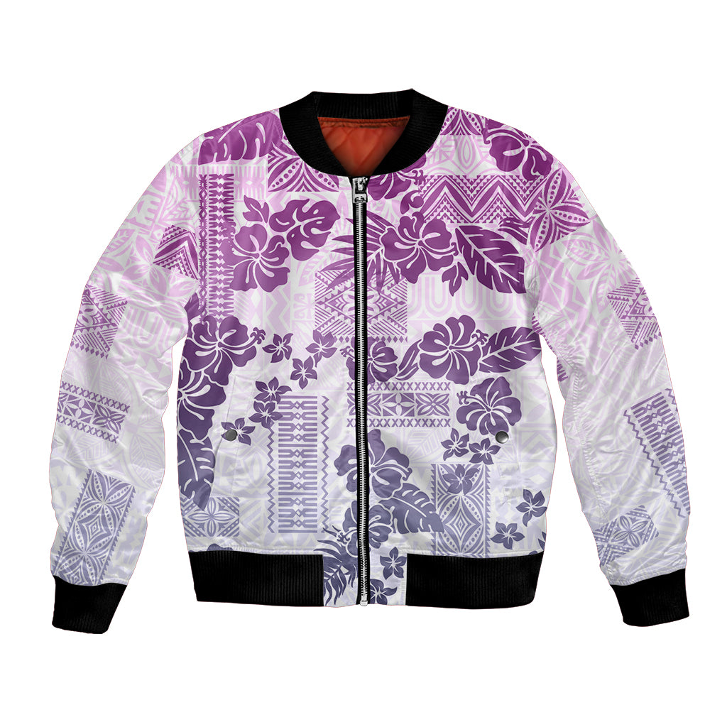 Vintage Hawaii Bomber Jacket Hibiscus Tapa Tribal With Hawaiian Quilt Pattern Violet LT9 - Wonder Print Shop
