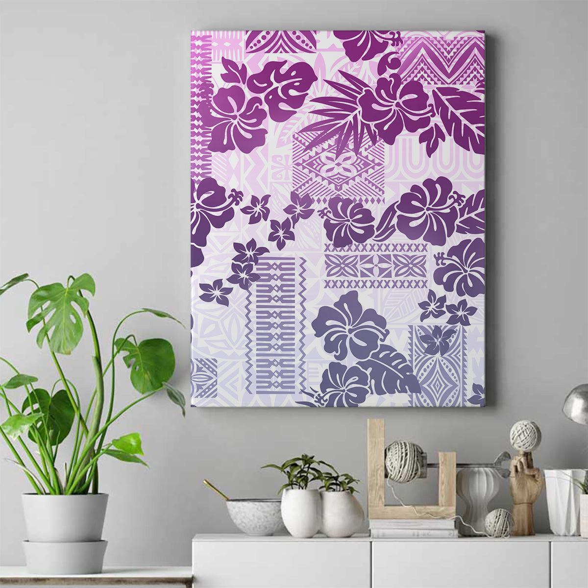 Vintage Hawaii Canvas Wall Art Hibiscus Tapa Tribal With Hawaiian Quilt Pattern Violet LT9 - Wonder Print Shop